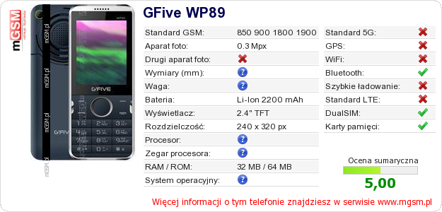 Dane telefonu GFive WP89