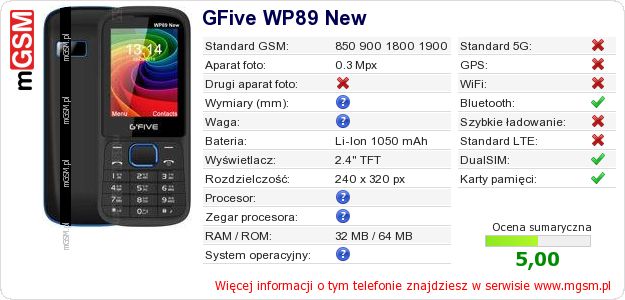 Dane telefonu GFive WP89 New