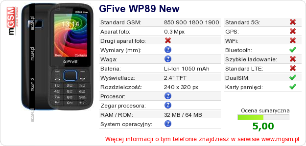 Dane telefonu GFive WP89 New