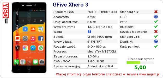 Dane telefonu GFive Xhero 3