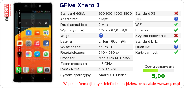 Dane telefonu GFive Xhero 3