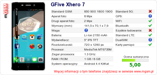 Dane telefonu GFive Xhero 7