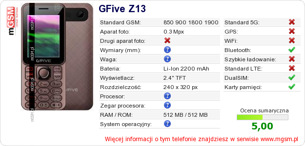 Dane telefonu GFive Z13