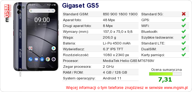 Dane telefonu Gigaset GS5 Dane telefonu Gigaset GS5