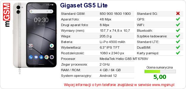 Dane telefonu Gigaset GS5 Lite Dane telefonu Gigaset GS5 Lite