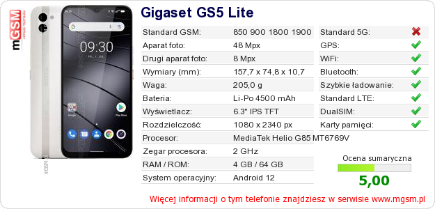 Dane telefonu Gigaset GS5 Lite