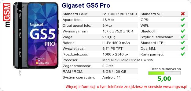 Dane telefonu Gigaset GS5 Pro Dane telefonu Gigaset GS5 Pro