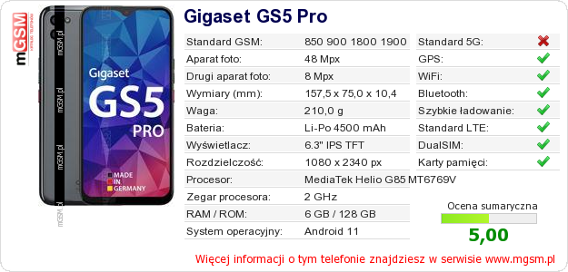 Dane telefonu Gigaset GS5 Pro Dane telefonu Gigaset GS5 Pro