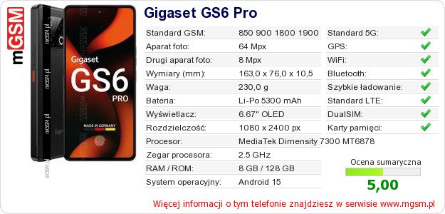 Dane telefonu Gigaset GS6 Pro