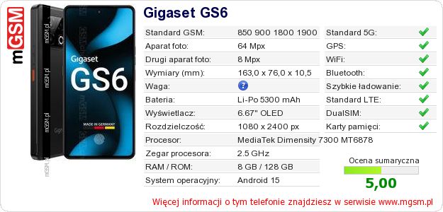 Dane telefonu Gigaset GS6