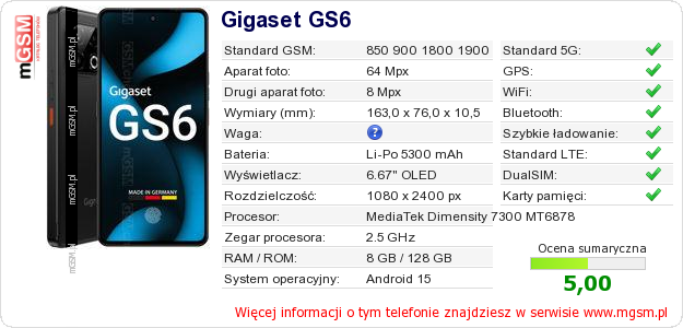 Dane telefonu Gigaset GS6 Dane telefonu Gigaset GS6