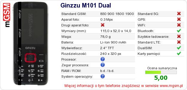 Dane telefonu Ginzzu M101 Dual Dane telefonu Ginzzu M101 Dual
