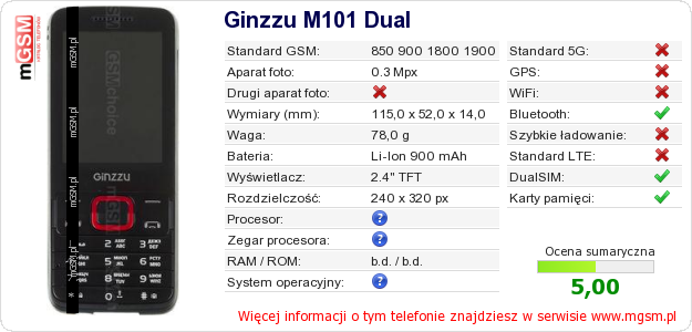 Dane telefonu Ginzzu M101 Dual