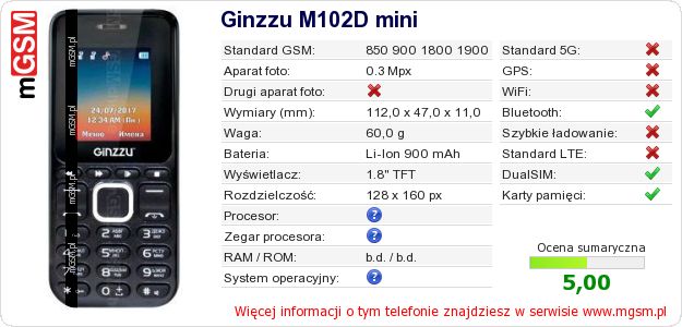 Dane telefonu Ginzzu M102D mini