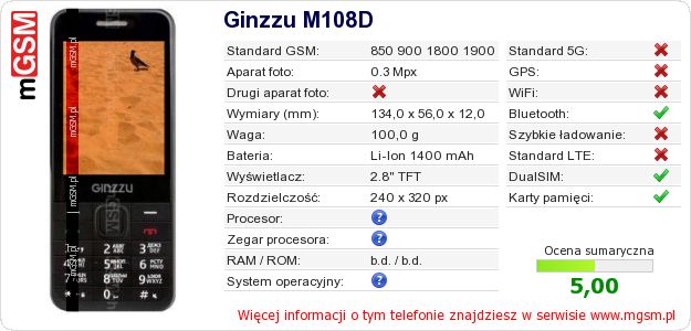 Dane telefonu Ginzzu M108D Dane telefonu Ginzzu M108D