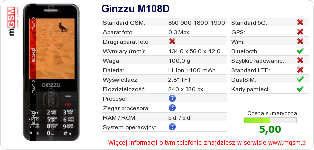 Dane telefonu Ginzzu M108D Dane telefonu Ginzzu M108D
