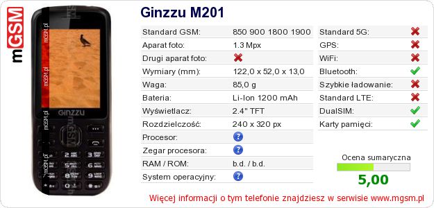 Dane telefonu Ginzzu M201