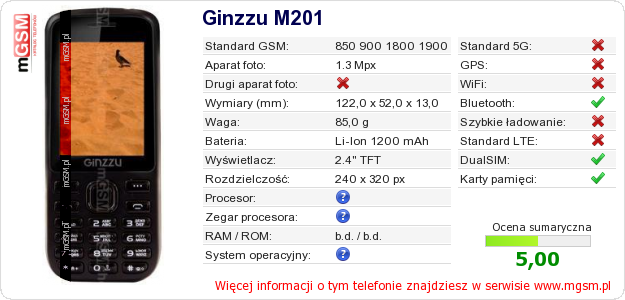 Dane telefonu Ginzzu M201