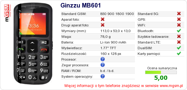 Dane telefonu Ginzzu MB601