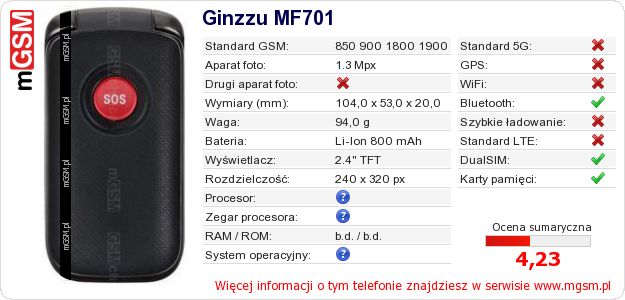 Dane telefonu Ginzzu MF701 Dane telefonu Ginzzu MF701