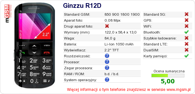 Dane telefonu Ginzzu R12D