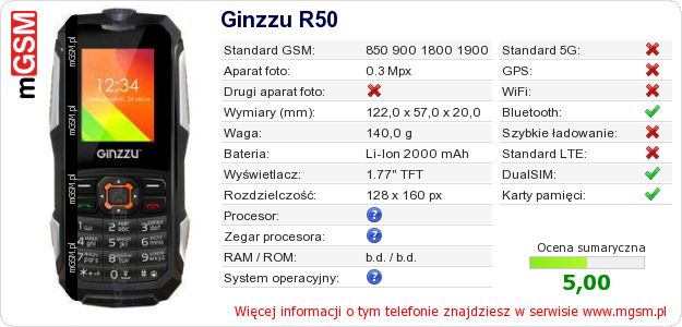 Dane telefonu Ginzzu R50