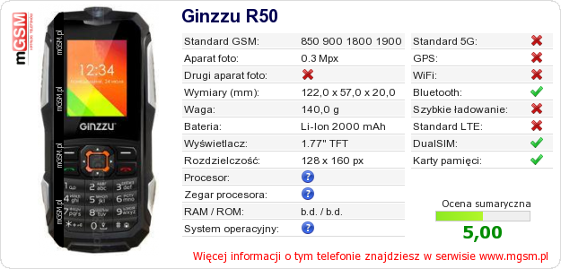 Dane telefonu Ginzzu R50
