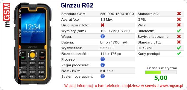 Dane telefonu Ginzzu R62