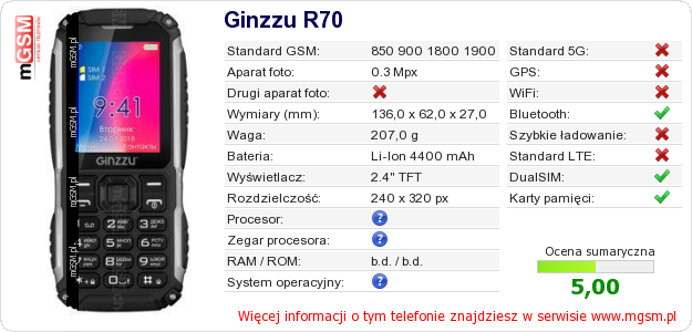 Dane telefonu Ginzzu R70
