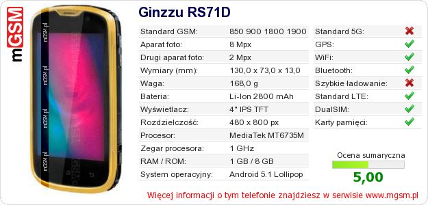 Dane telefonu Ginzzu RS71D