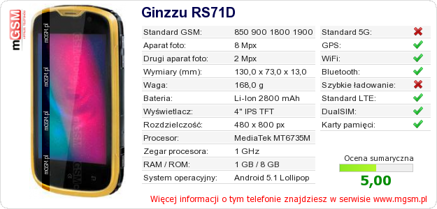 Dane telefonu Ginzzu RS71D