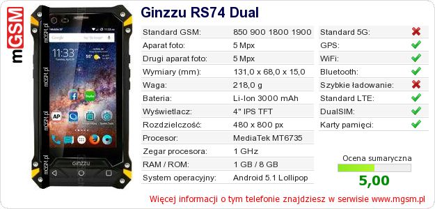 Dane telefonu Ginzzu RS74 Dual Dane telefonu Ginzzu RS74 Dual