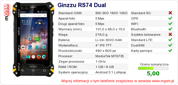 Dane telefonu Ginzzu RS74 Dual