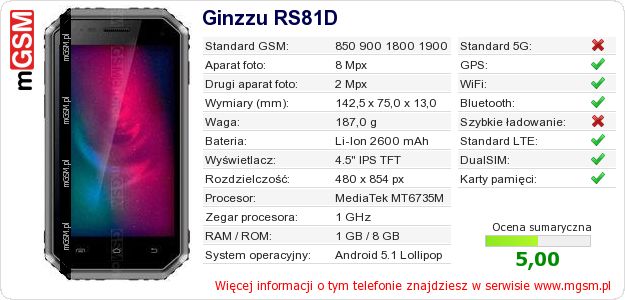 Dane telefonu Ginzzu RS81D Dane telefonu Ginzzu RS81D
