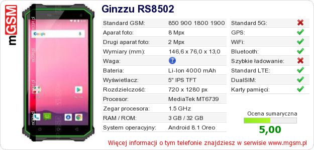 Dane telefonu Ginzzu RS8502 Dane telefonu Ginzzu RS8502