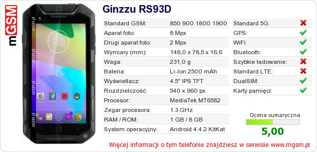 Dane telefonu Ginzzu RS93D Dane telefonu Ginzzu RS93D