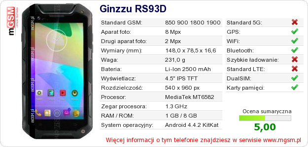 Dane telefonu Ginzzu RS93D