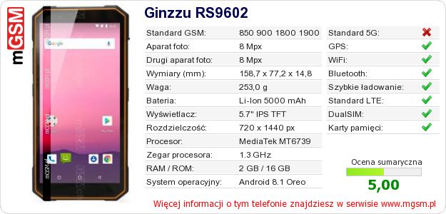 Dane telefonu Ginzzu RS9602 Dane telefonu Ginzzu RS9602