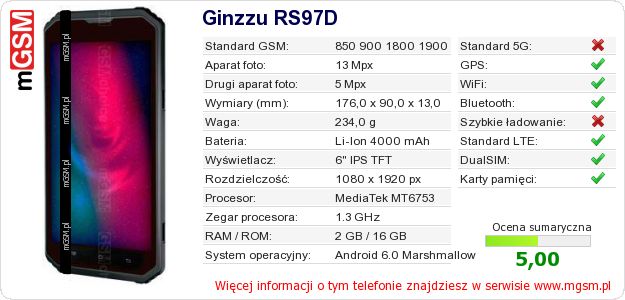 Dane telefonu Ginzzu RS97D Dane telefonu Ginzzu RS97D