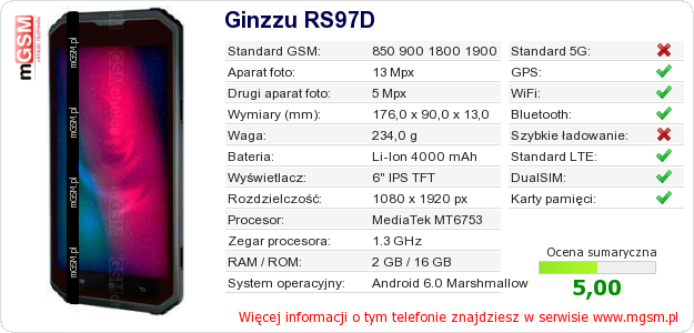 Dane telefonu Ginzzu RS97D