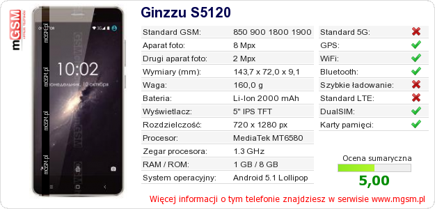 Dane telefonu Ginzzu S5120