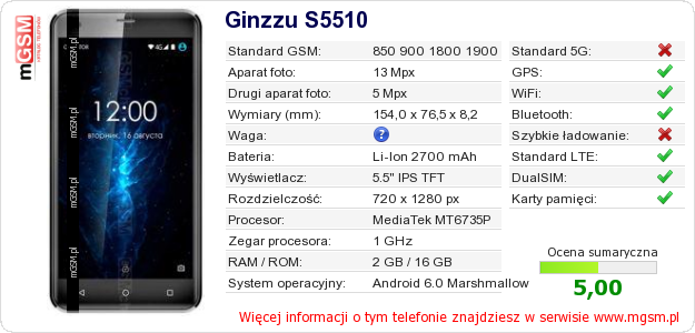 Dane telefonu Ginzzu S5510