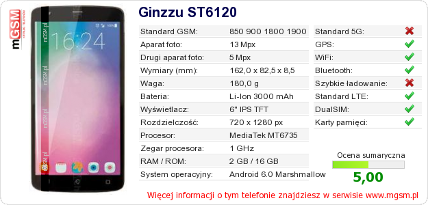 Dane telefonu Ginzzu ST6120 Dane telefonu Ginzzu ST6120