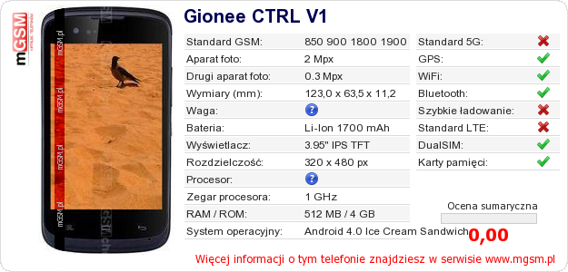 Dane telefonu Gionee CTRL V1 Dane telefonu Gionee CTRL V1
