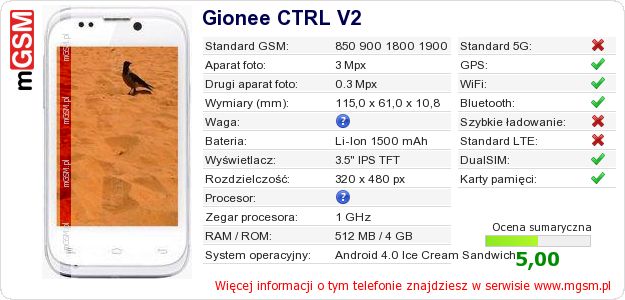Dane telefonu Gionee CTRL V2