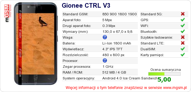 Dane telefonu Gionee CTRL V3