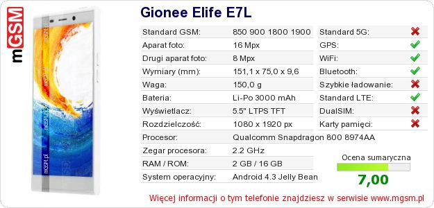 Dane telefonu Gionee Elife E7L