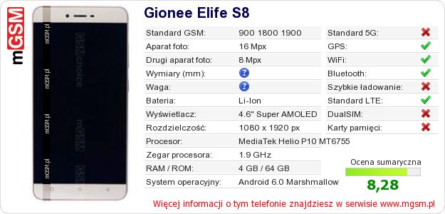 Dane telefonu Gionee Elife S8