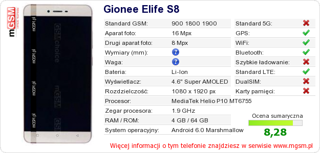 Dane telefonu Gionee Elife S8