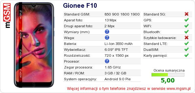 Dane telefonu Gionee F10